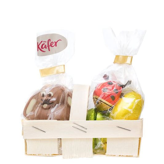 Schoko Häschen, Glückskäfer und Eier im Spankörbchen