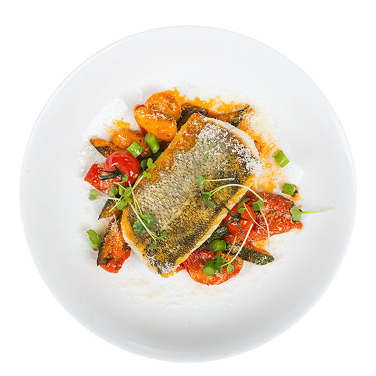 Gebratener Zander mit Kartoffel Gemüse Ragout